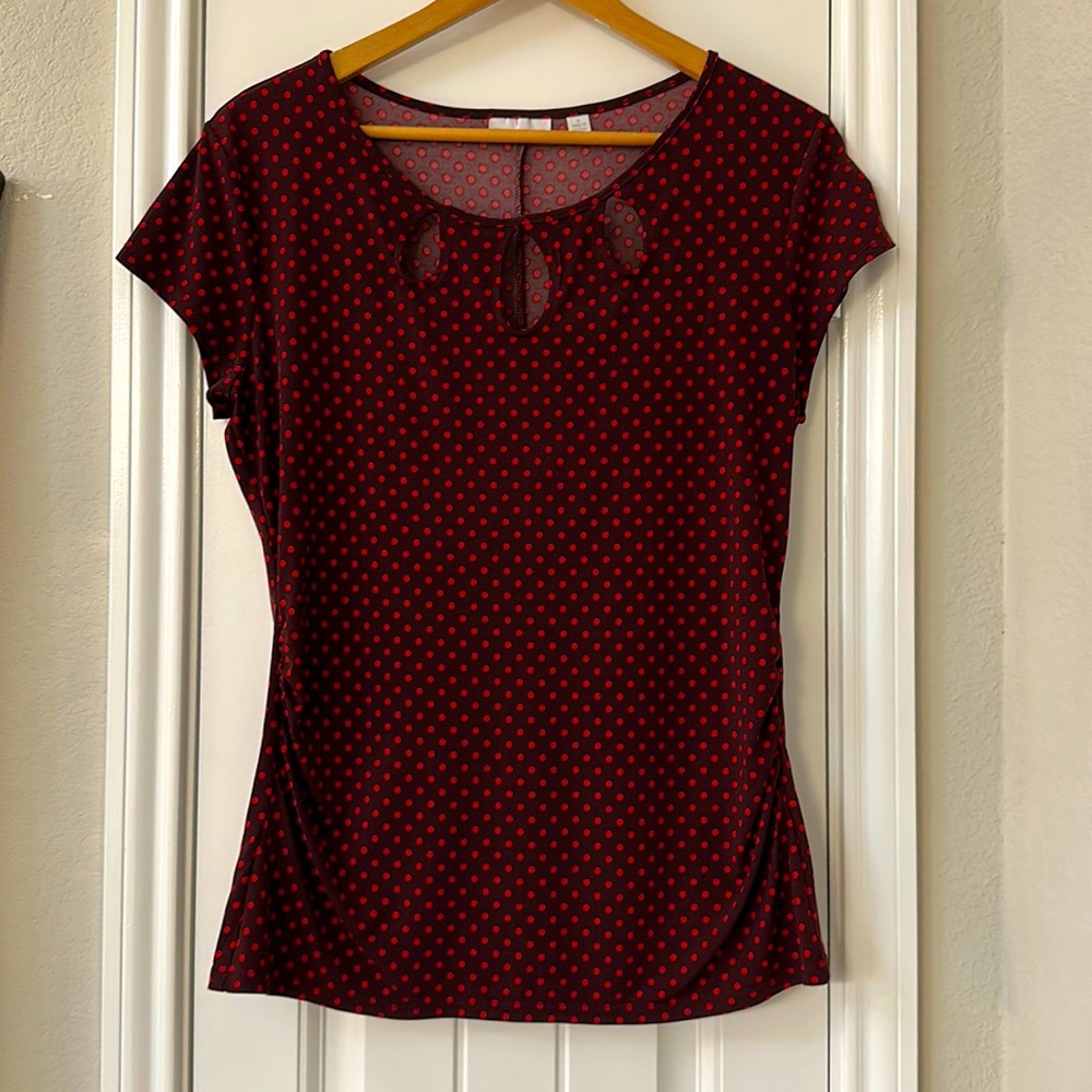 maroon and red polka dot blouse
